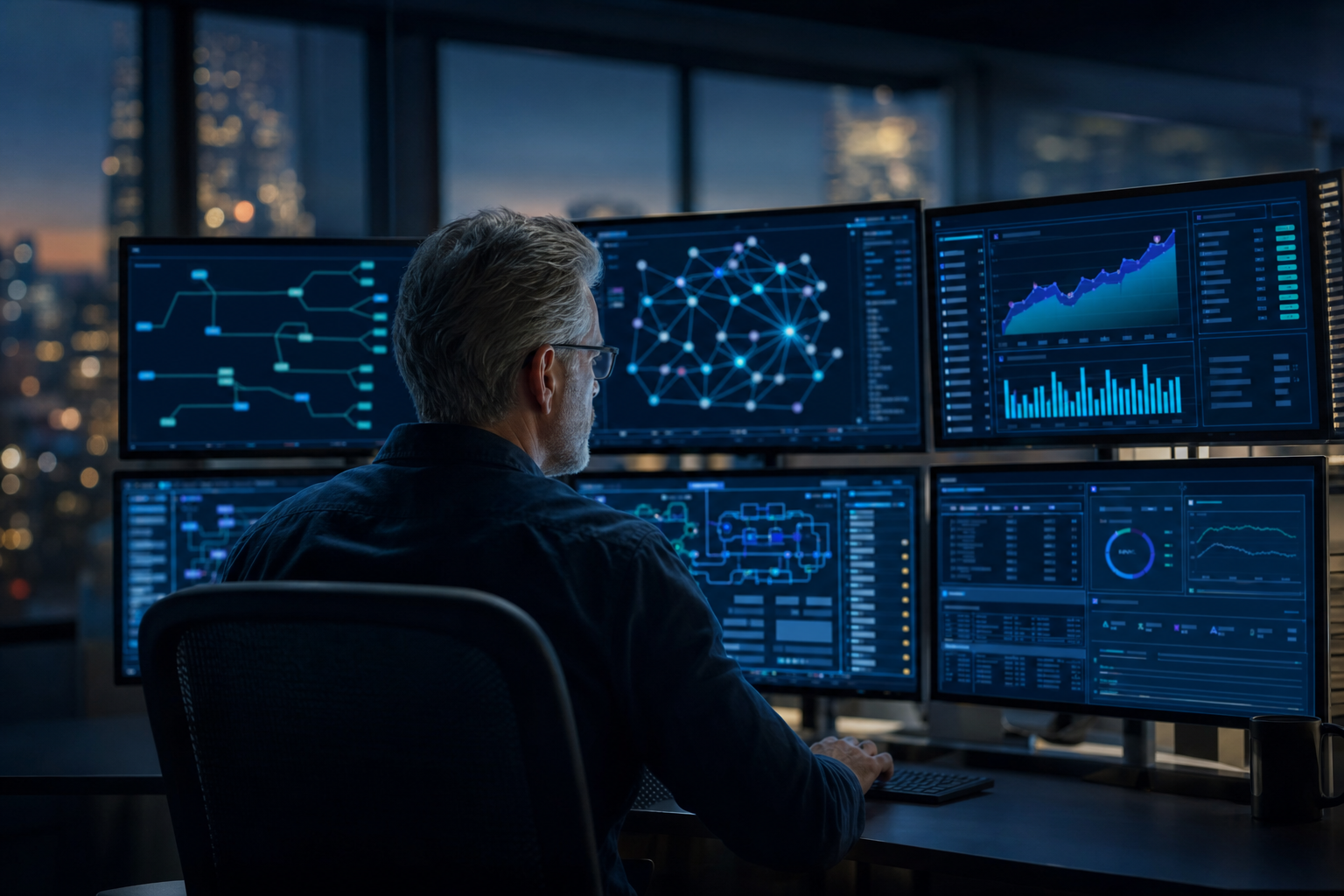 Senior network engineer reviewing call routing and network topology dashboards on a multi-monitor workstation