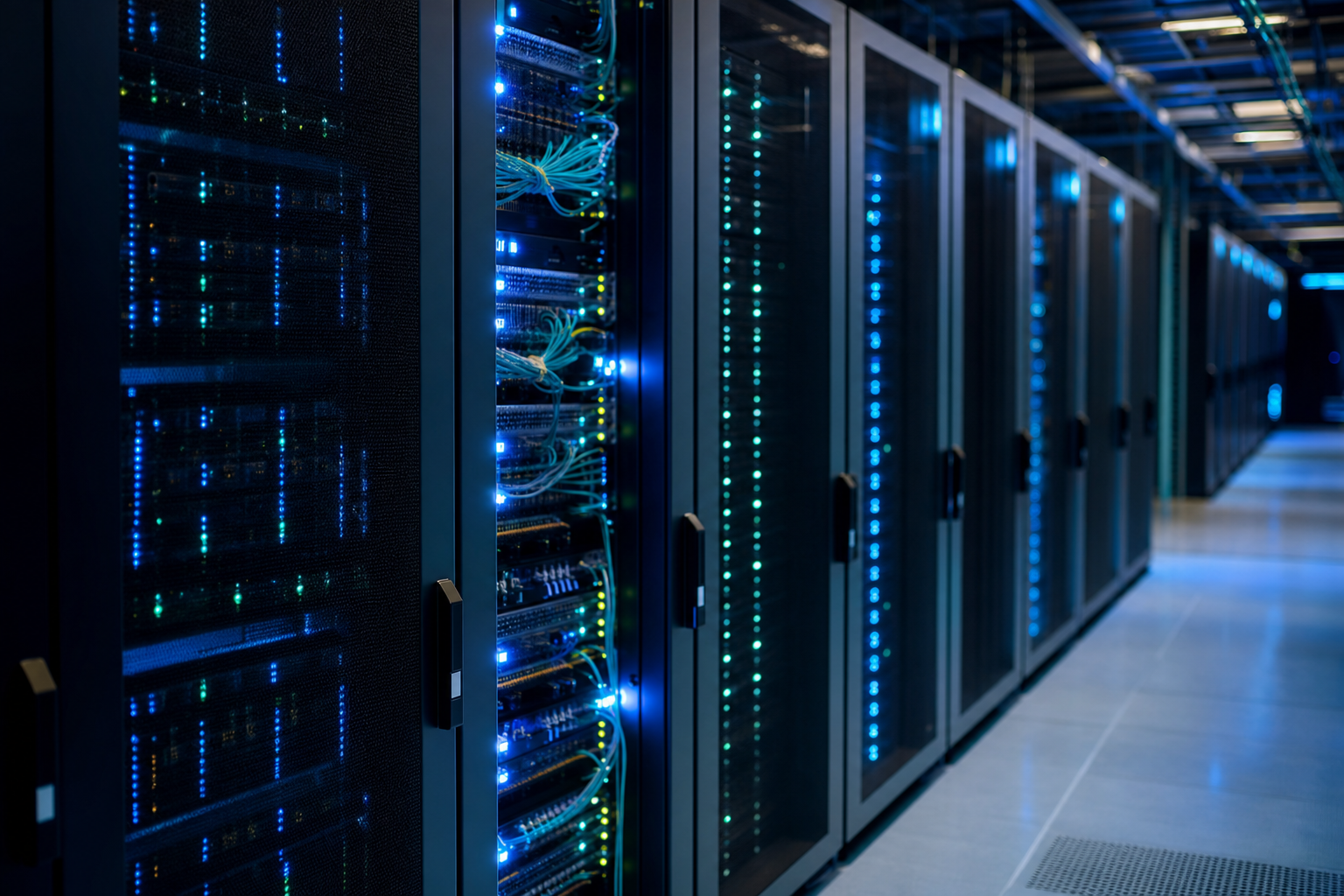 Enterprise server racks and voice infrastructure with active network indicator lights